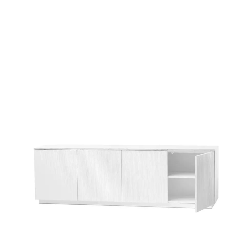 Clearance A2 Aparador Beam, Lacado , base blanca, panel superior en mármol carrara Blanco
