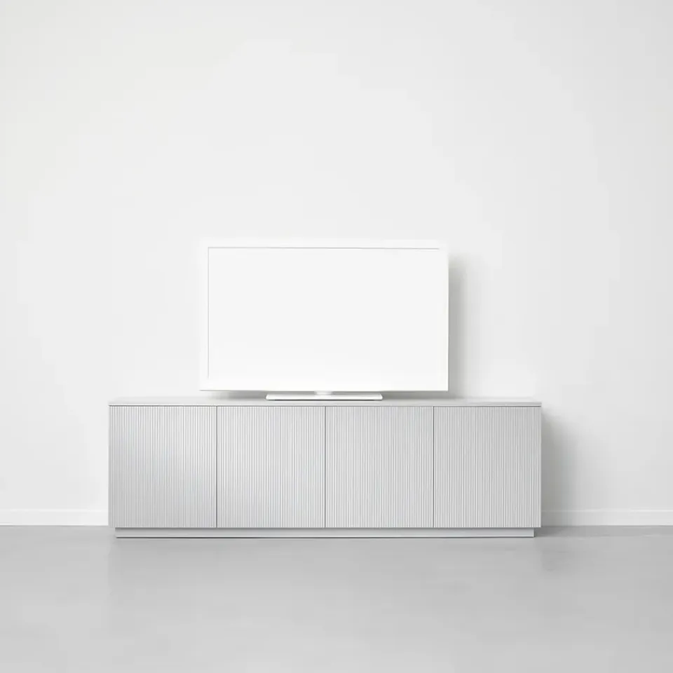Clearance A2 Aparador Beam, Lacado , base blanca, panel superior en mármol carrara Blanco
