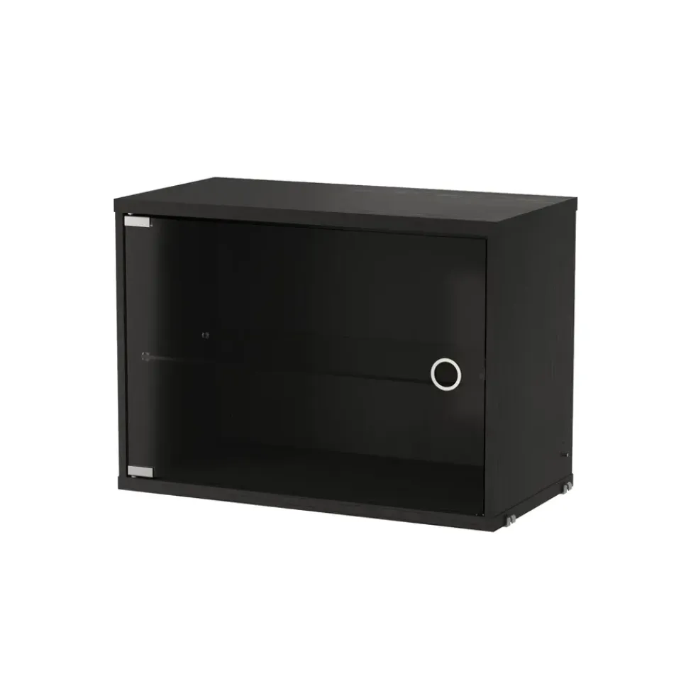 Clearance String Cabinet vitrina con puertas correderas de cristal , Fresno teñido de , 58x30 cm Negro