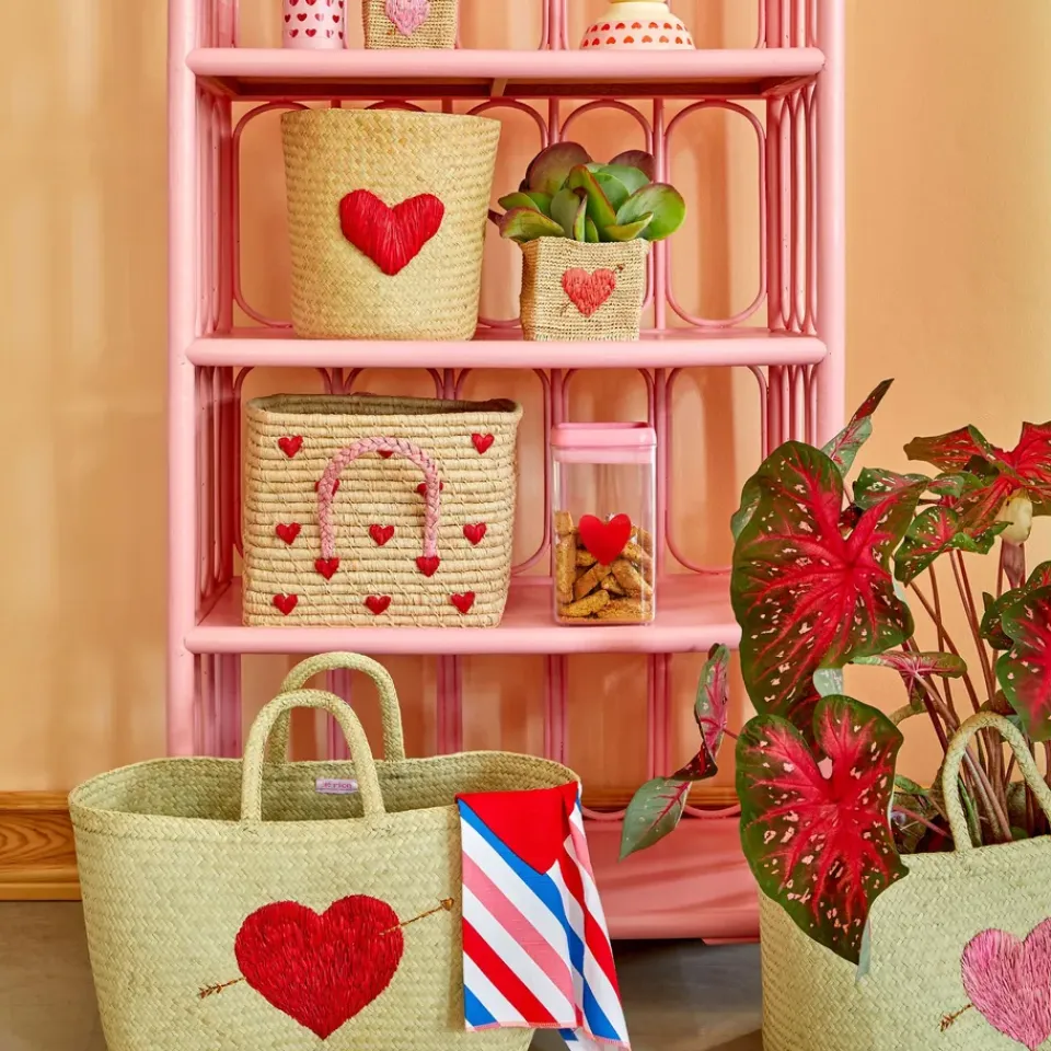Online RICE Cesta con asas rafia 30x30 cm, Red hearts BeigeRojoRosa