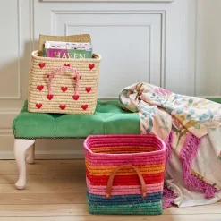 Online RICE Cesta con asas rafia 30x30 cm, Red hearts BeigeRojoRosa