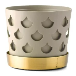 Discount KLONG Maceta beige con plato en latón Trio Drop, Small Ø12 cm BeigeColor dorado