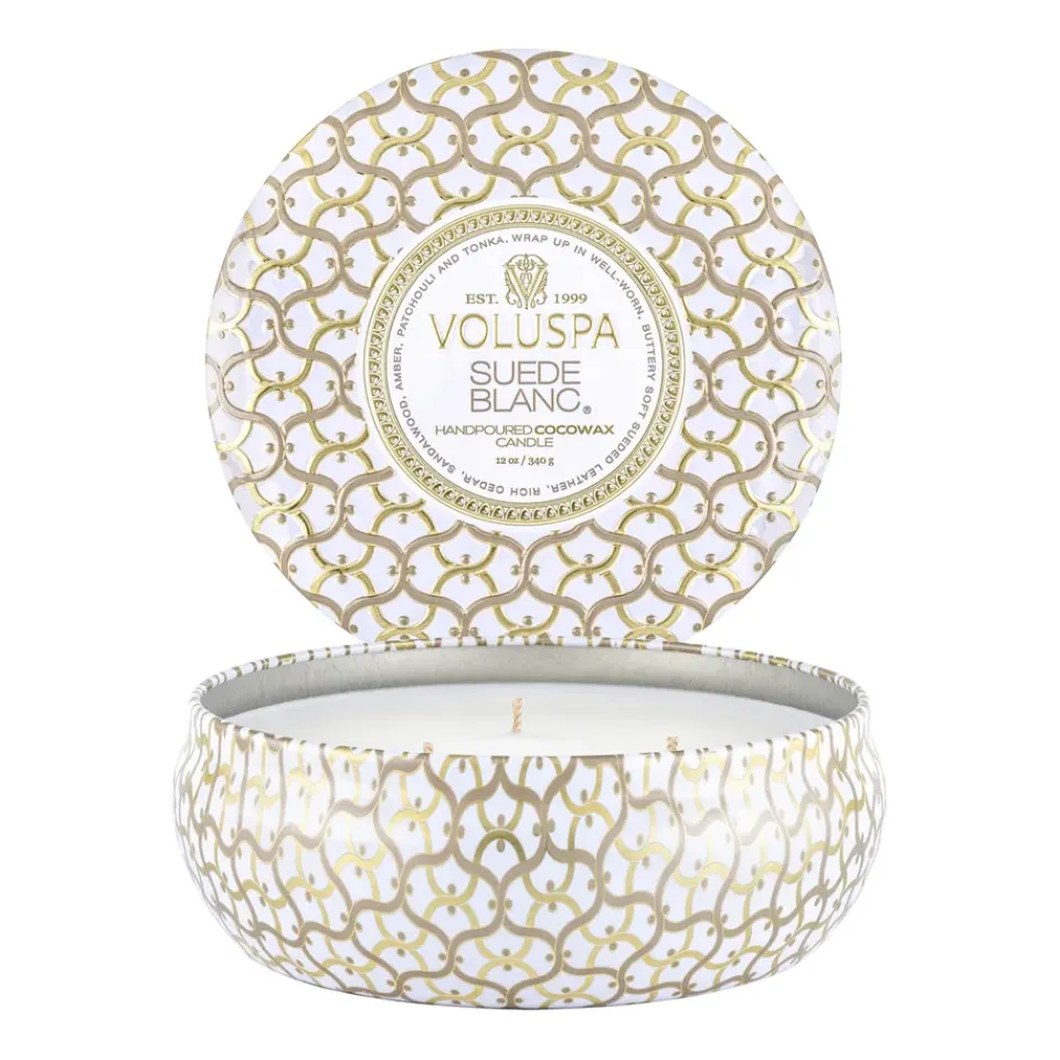 Outlet Voluspa Vela perfumada Maison Blanc 3-wick Tin 40 horas, Suede Blanc BeigeColor doradoBlanco