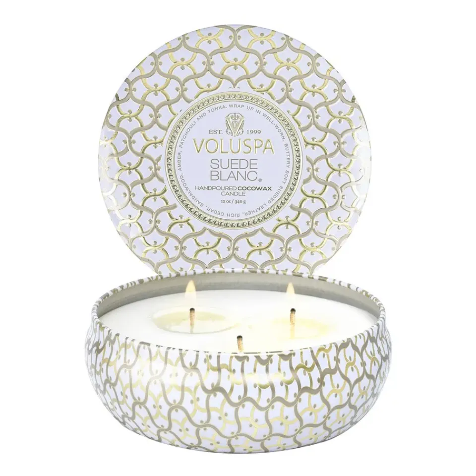 Outlet Voluspa Vela perfumada Maison Blanc 3-wick Tin 40 horas, Suede Blanc BeigeColor doradoBlanco