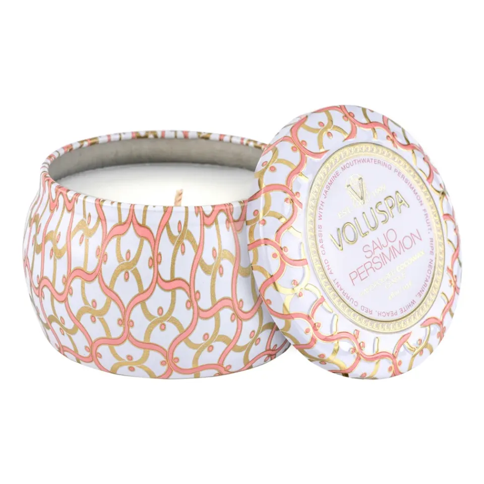 Best Voluspa Vela perfumada Maison Blanc Mini Tin 25 horas, Saijo Persimmon Color doradoRosaBlanco