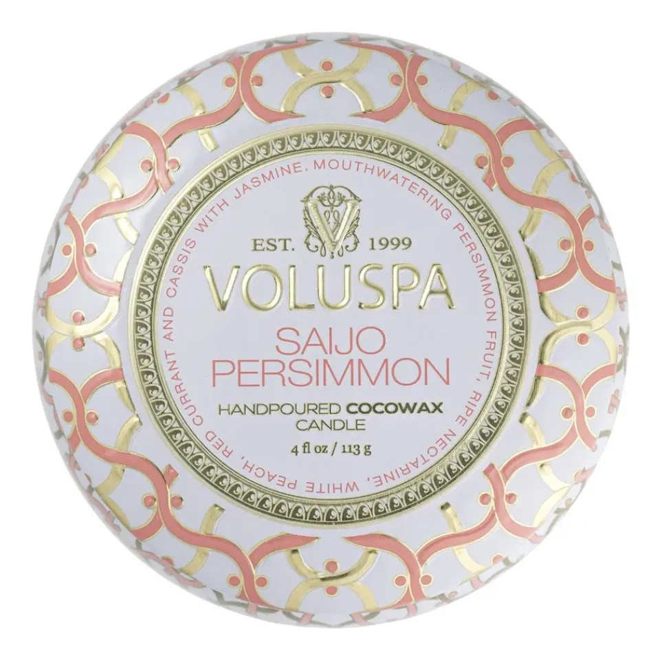 Best Voluspa Vela perfumada Maison Blanc Mini Tin 25 horas, Saijo Persimmon Color doradoRosaBlanco