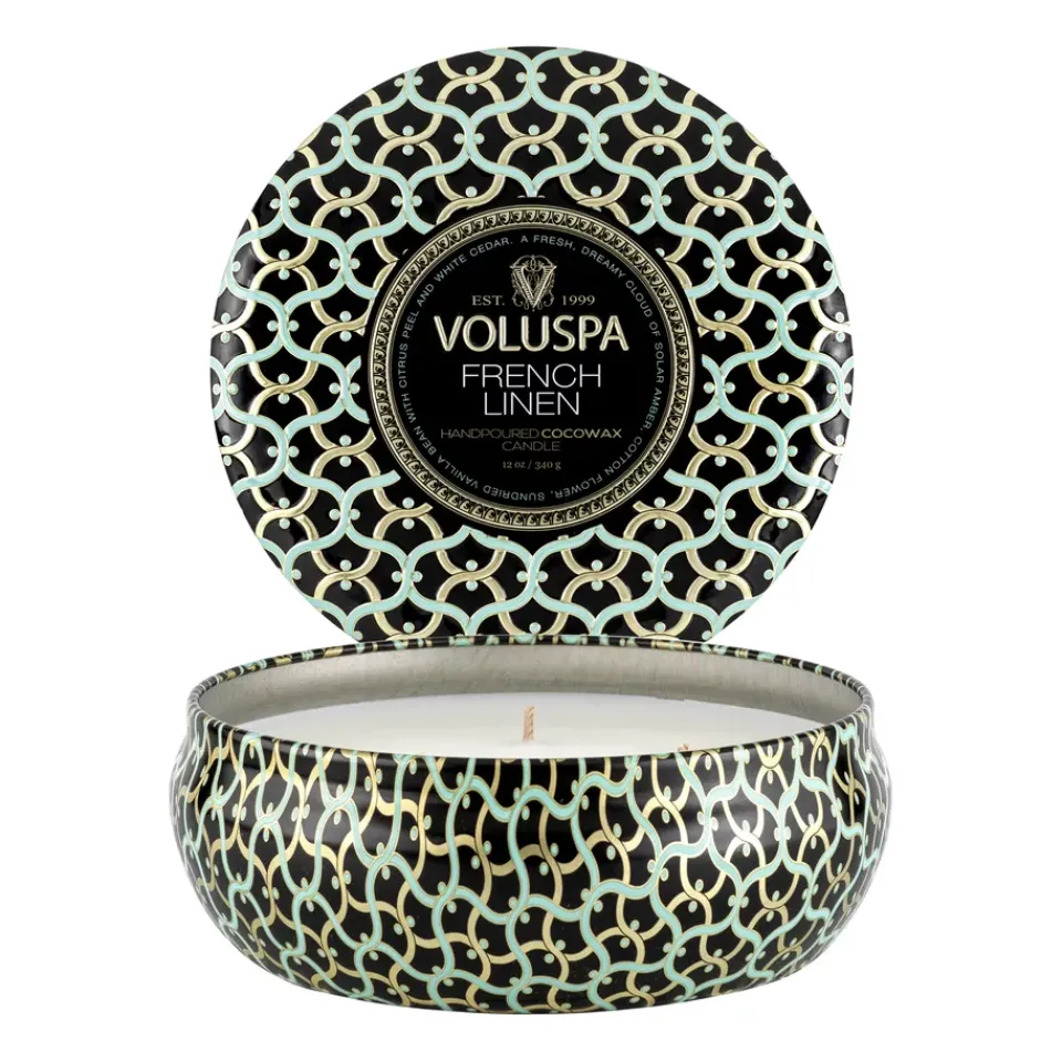 New Voluspa Vela perfumada Maison Noir 3-wick Tin 40 horas, French Linen Color doradoNegroTurquesa