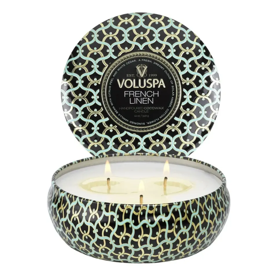 New Voluspa Vela perfumada Maison Noir 3-wick Tin 40 horas, French Linen Color doradoNegroTurquesa