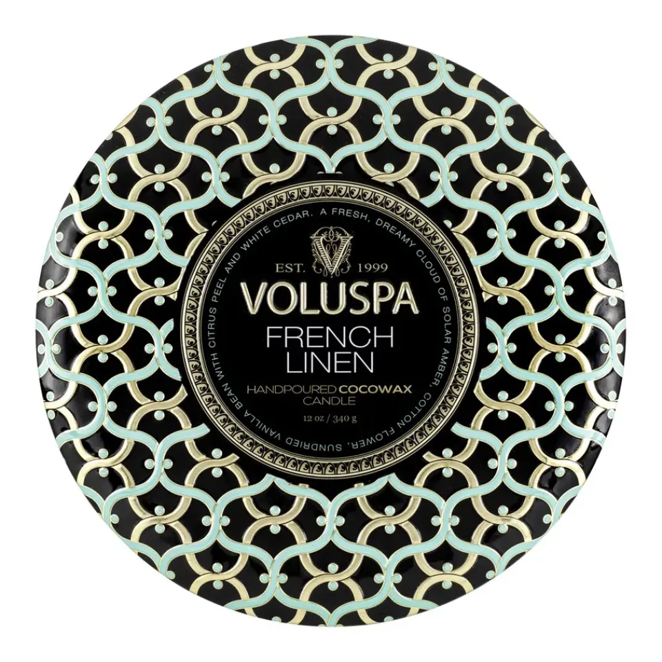 New Voluspa Vela perfumada Maison Noir 3-wick Tin 40 horas, French Linen Color doradoNegroTurquesa