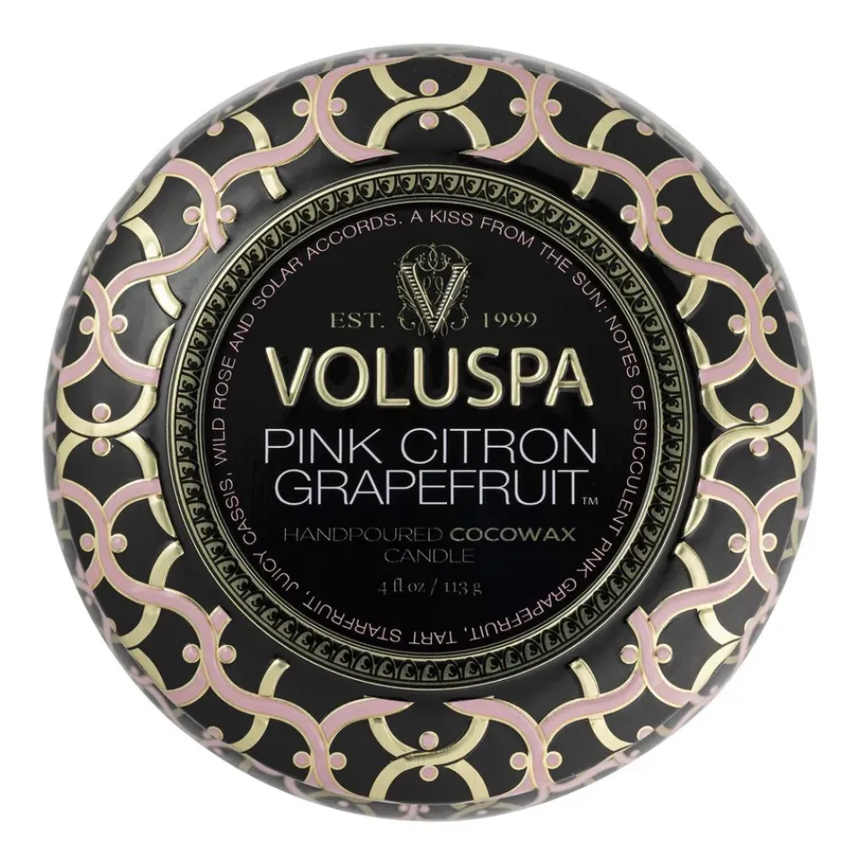 Voluspa Vela perfumada Maison Noir Mini Tin 25 horas, Pink Citron Grapefruit Color doradoRosaNegro