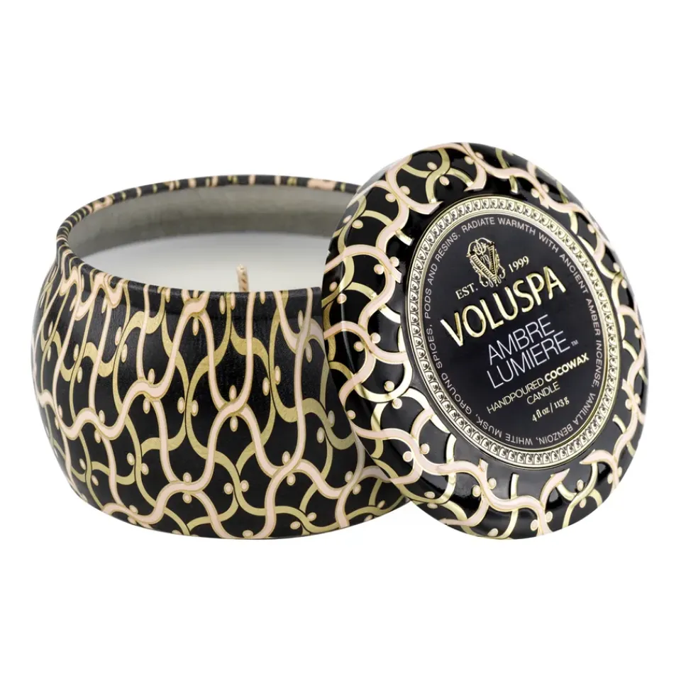 Online Voluspa Vela perfumada Maison Noir Mini Tin 25 horas, Ambre Lumiere BeigeColor doradoNegro