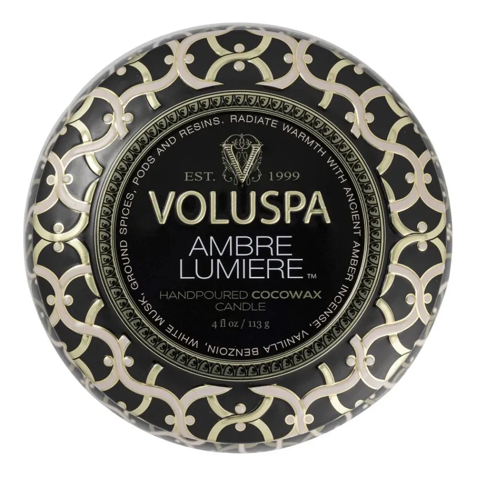 Online Voluspa Vela perfumada Maison Noir Mini Tin 25 horas, Ambre Lumiere BeigeColor doradoNegro