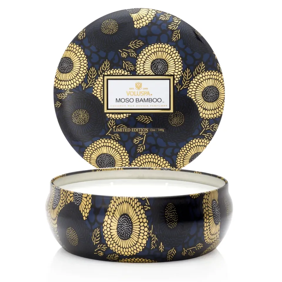 Voluspa Vela perfumada 3-wick in a tin 60h, Moso Bamboo Color doradoNegroBlanco